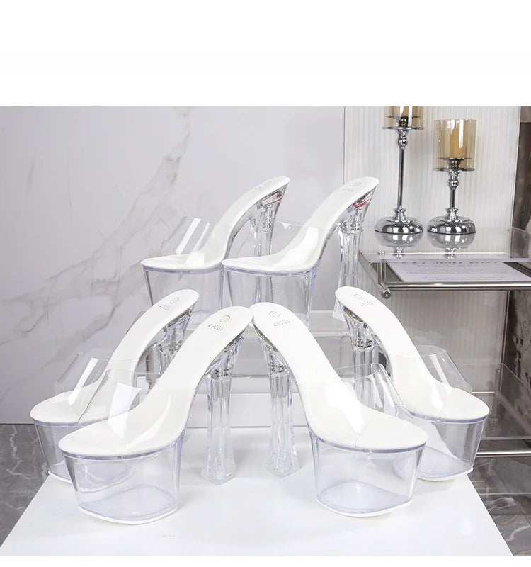 Glowing Crystal High Heels 17cm Nightclub Shoes Sexy Transparent Waterproof Platform Showgirl Stiletto Women's Sandals