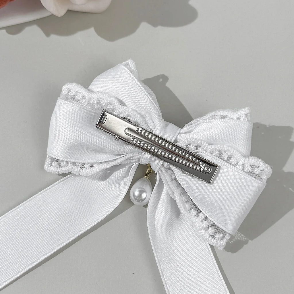 4pcs Pearl Lace Bow Hair Clip, Multi-color Satin Lolita Headpiece, Retro Sweet and Beautiful Style Hair Accessory