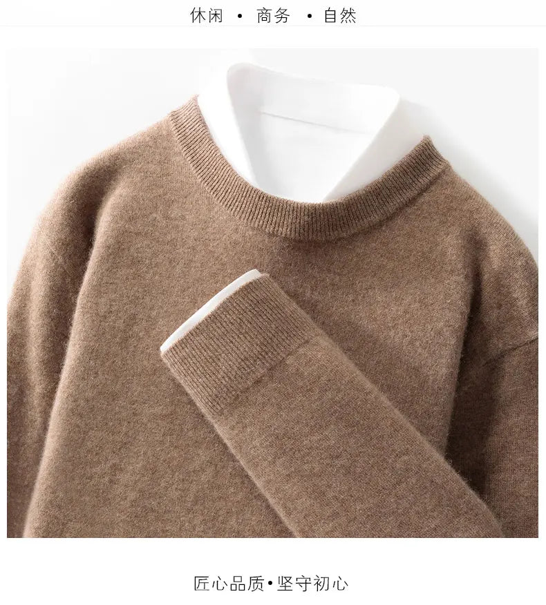 100% wool men's round neck solid color loose knit cashmere pullover for business and leisure, keeping warm in autumn and winter