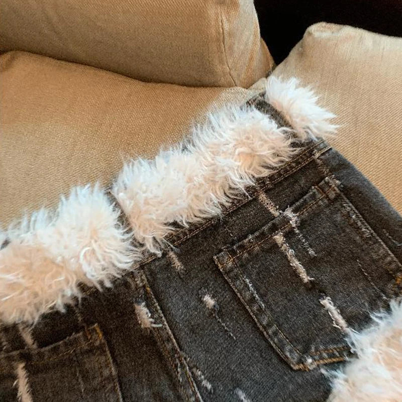 Belt Furry Denim Shorts Women 2024 New Fashion Loose Casual Pocket Sexy Shorts Denim Shorts Female Short Pants Zipper Jeans
