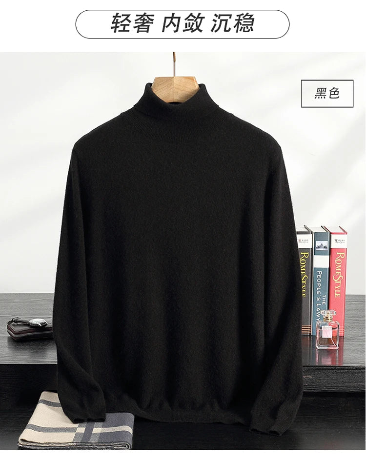 Autumn/Winter Men's 100% Cashmere Pullover Business Casual Solid Knitted Sweater Loose High Collar Tops Basic Thick Warm Jumper