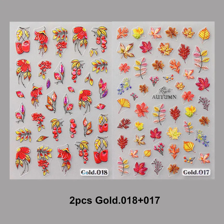 2/4pcs 5D Laser Autumn Bird Decals Fall Embossed Maple Leaves Squirrel Nail Sticker Fruits Flower Engraved Charm Manicure Decor