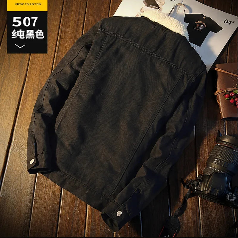Winter Korean Fashion Men's Warm Denim Jacket Plush Lining Denim Coat Male Thicken Fleece Stylish Pockets Buttons Jean Outerwear