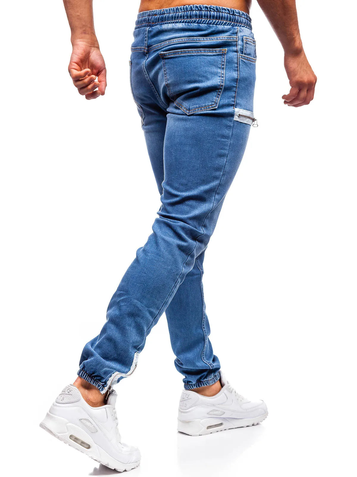Jeans Men Casual Drawstring Elastic Waist Denim Skinny Trousers Pencil Pants Vintage Streetwear Washed Ankle Length Denims