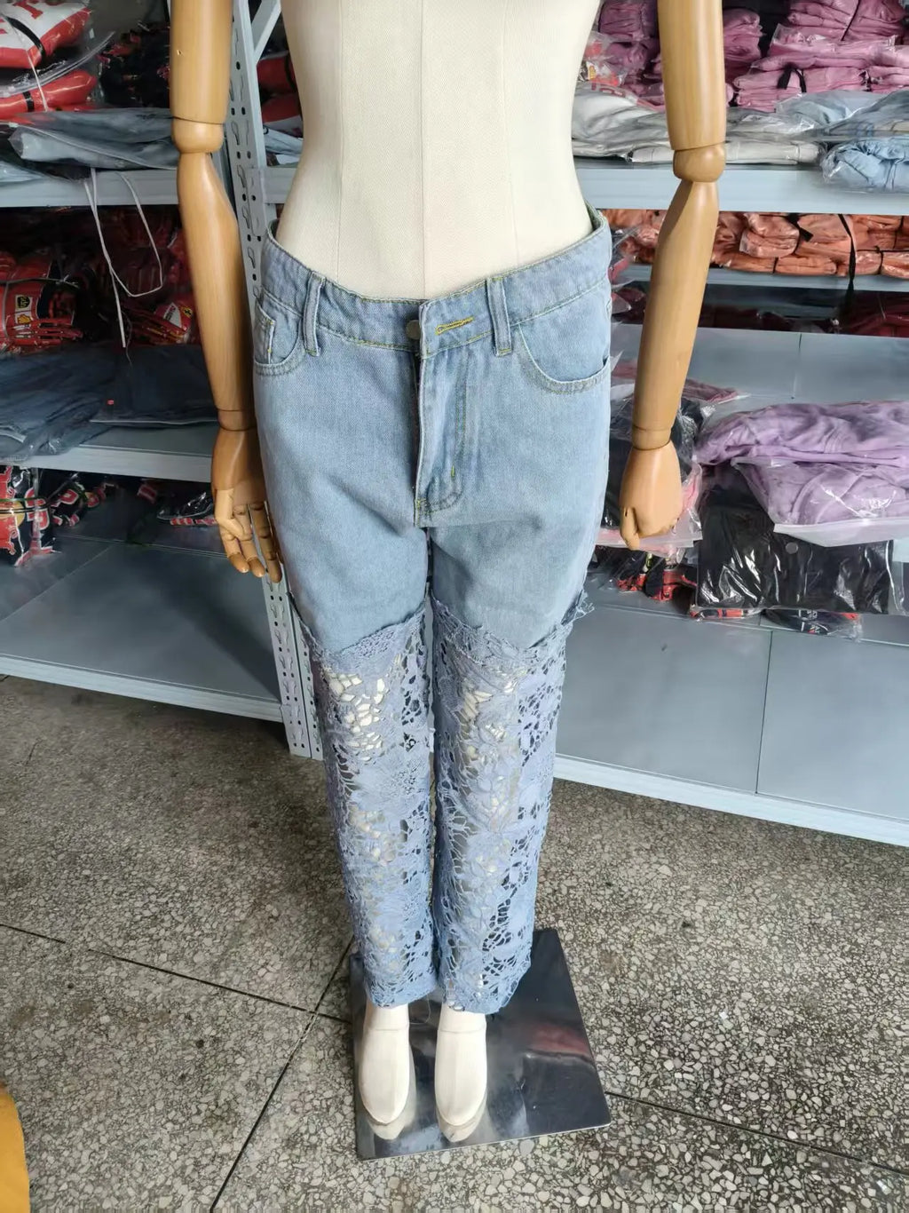 Fashion Elegant Jeans for Women High Waist Lace Patchwork Pantalones Hollow Out Oversized Spring Casual Loose All Match Pants