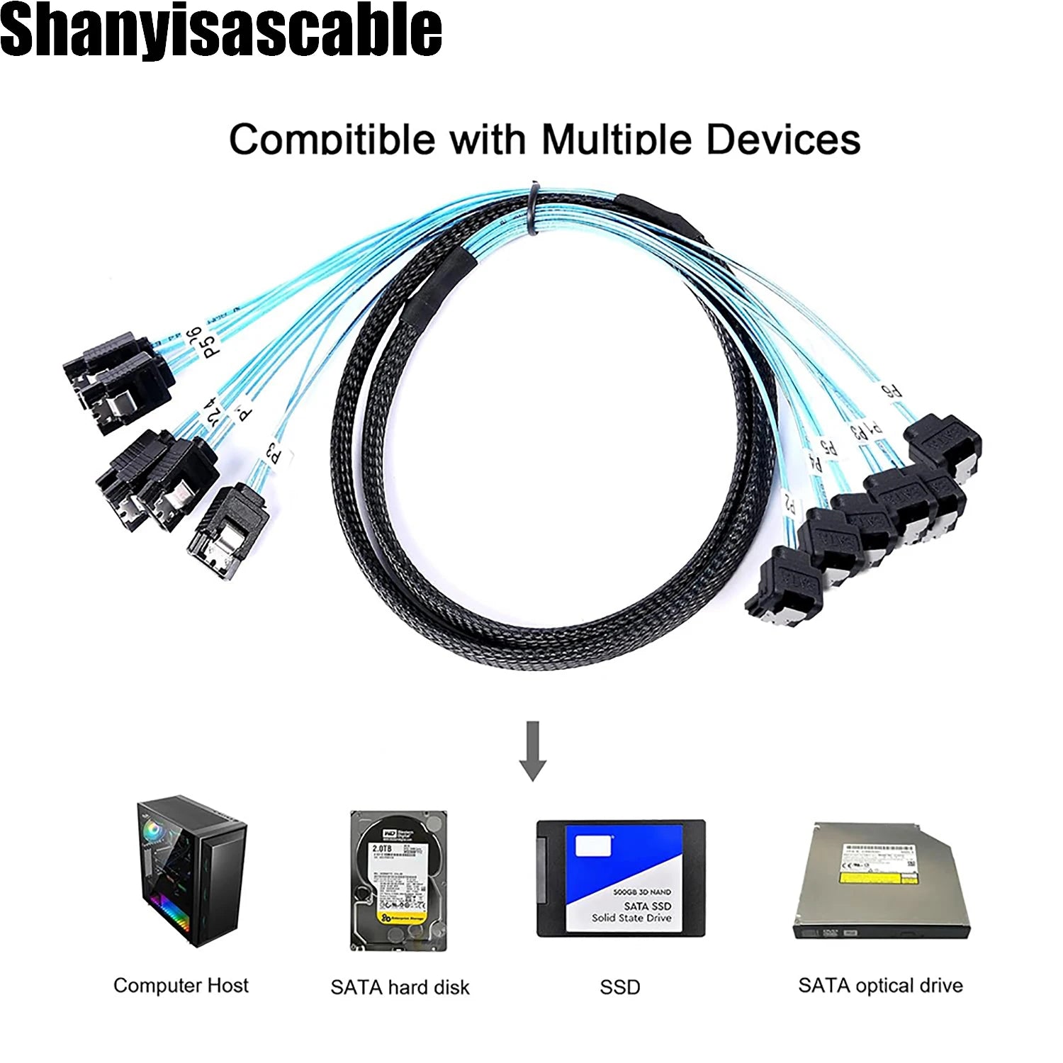 0.5M Cable 6Pcs/Set - SATA 90-Degree Right-Angle Data Cable SAS/SATA-12Gbps Cable for Server-Raid SDD HDD CD DVD Drives