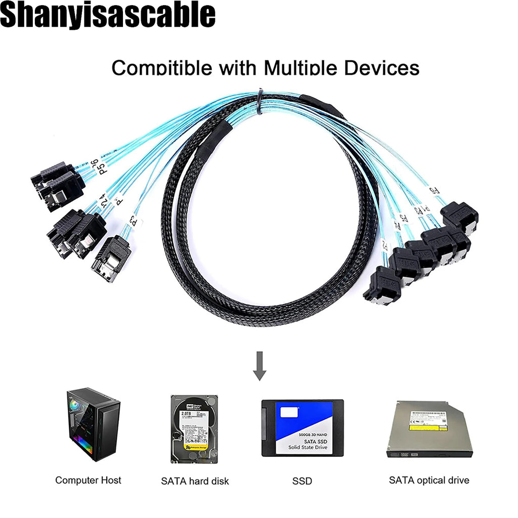 0.5M Cable 6Pcs/Set - SATA 90-Degree Right-Angle Data Cable SAS/SATA-12Gbps Cable for Server-Raid SDD HDD CD DVD Drives