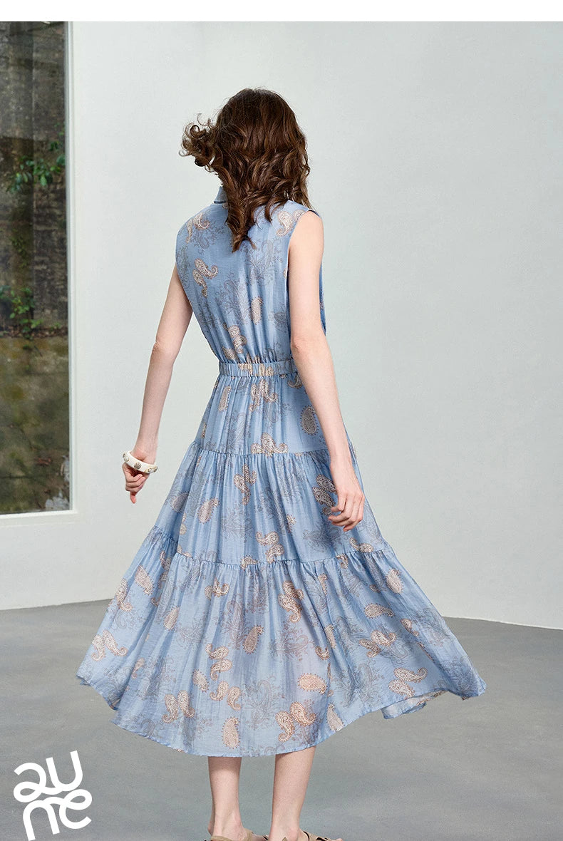 TOYOUTH Women Dress 2026 Summer New Blue Paisley Print Vintage Tank High Waist Tiered Cake Trendy Dresses
