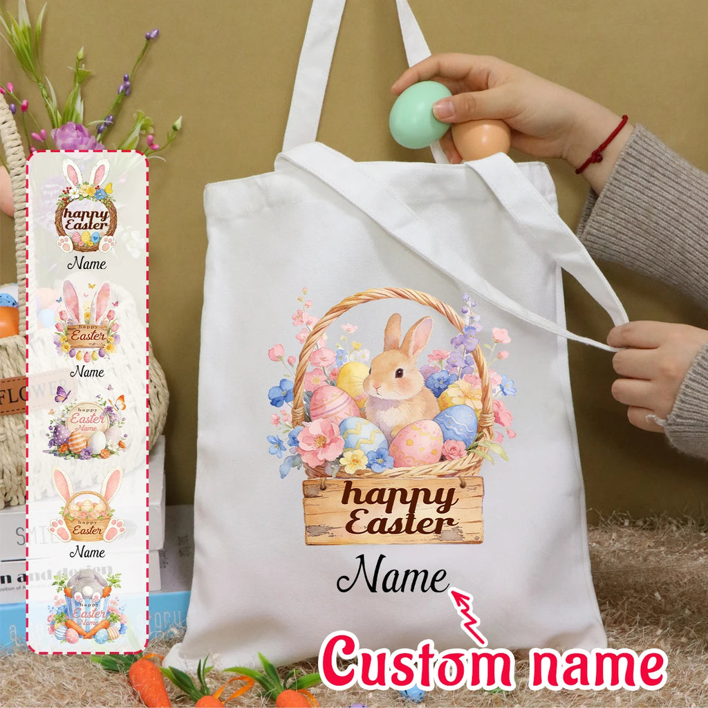 Custom Easter Tote Bag With Bunny And Floral Design, Personalized Name Shoulder Handbag For Spring Celebrations,