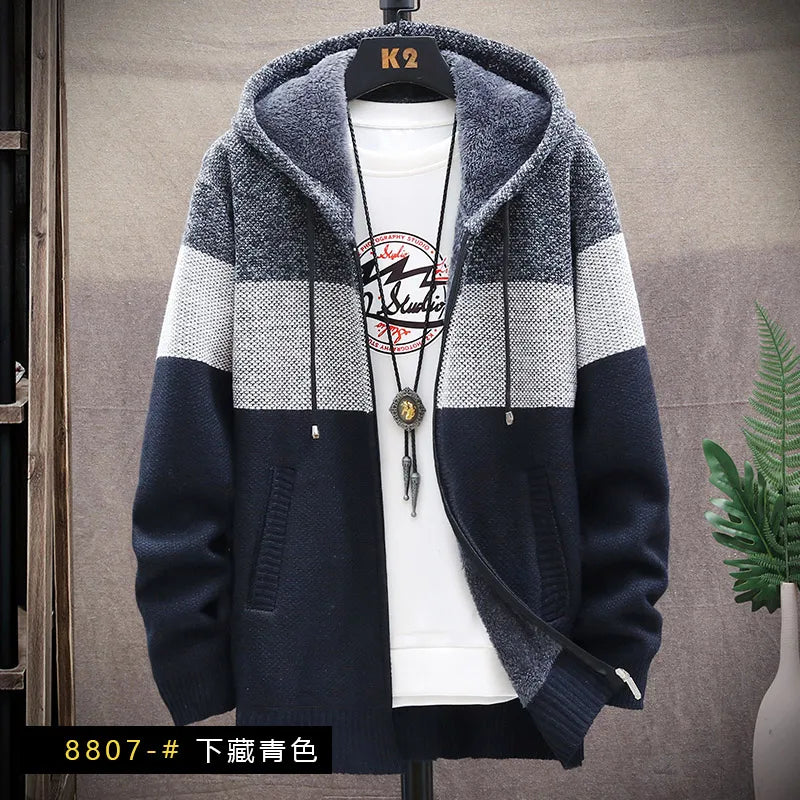 Men's Knitted Sweater Cardigan Thickened Fleece Hooded Casual Style Warm Outerwear Autumn Winter New Arrival Korean Version