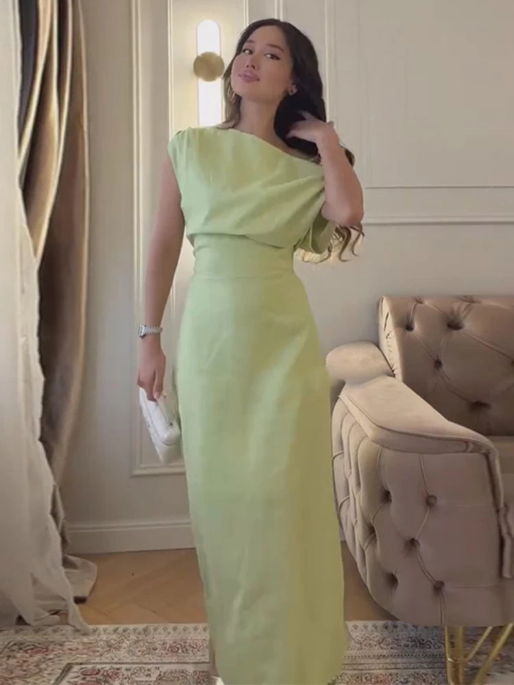 Elegant Off Shoulder Women's Dress Solid Sleeveless Oblique Collar Long Female Dresses 2026 Summer Fashion Lady Comfortable Robe