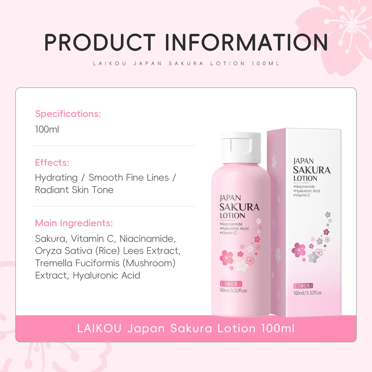 LAIKOU Sakura Lotion 100ml Niacinamide HA VC Hydrating Essence Shrink Pores Nourish Skin Brightening Elastic Facial Care