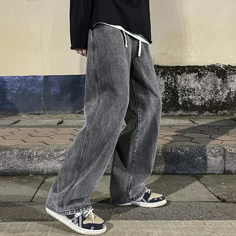 Korean Style Streetwear New Fashion Baggy Casual Men Jeans High Street Harajuku  Denim Trousers Men Brand pants Black grey Blue