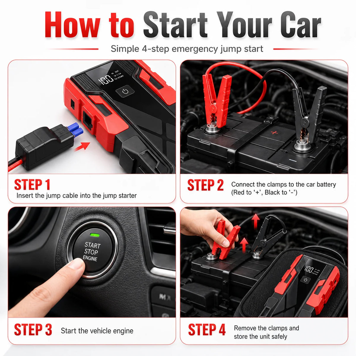 New 12V 99800mAh Portable Car Jump Starter Battery Booster Pack with Digital Display, Heavy-Duty Clamps & Carry Case