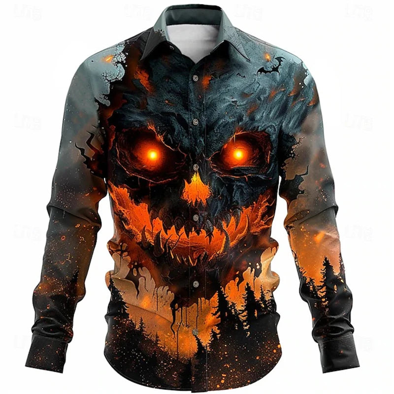 2026 Halloween Fun New Fall and Winter Yellow Shirt Halloween Party Fashion Men's Long Sleeve Tops Temperament Button Down Shirt