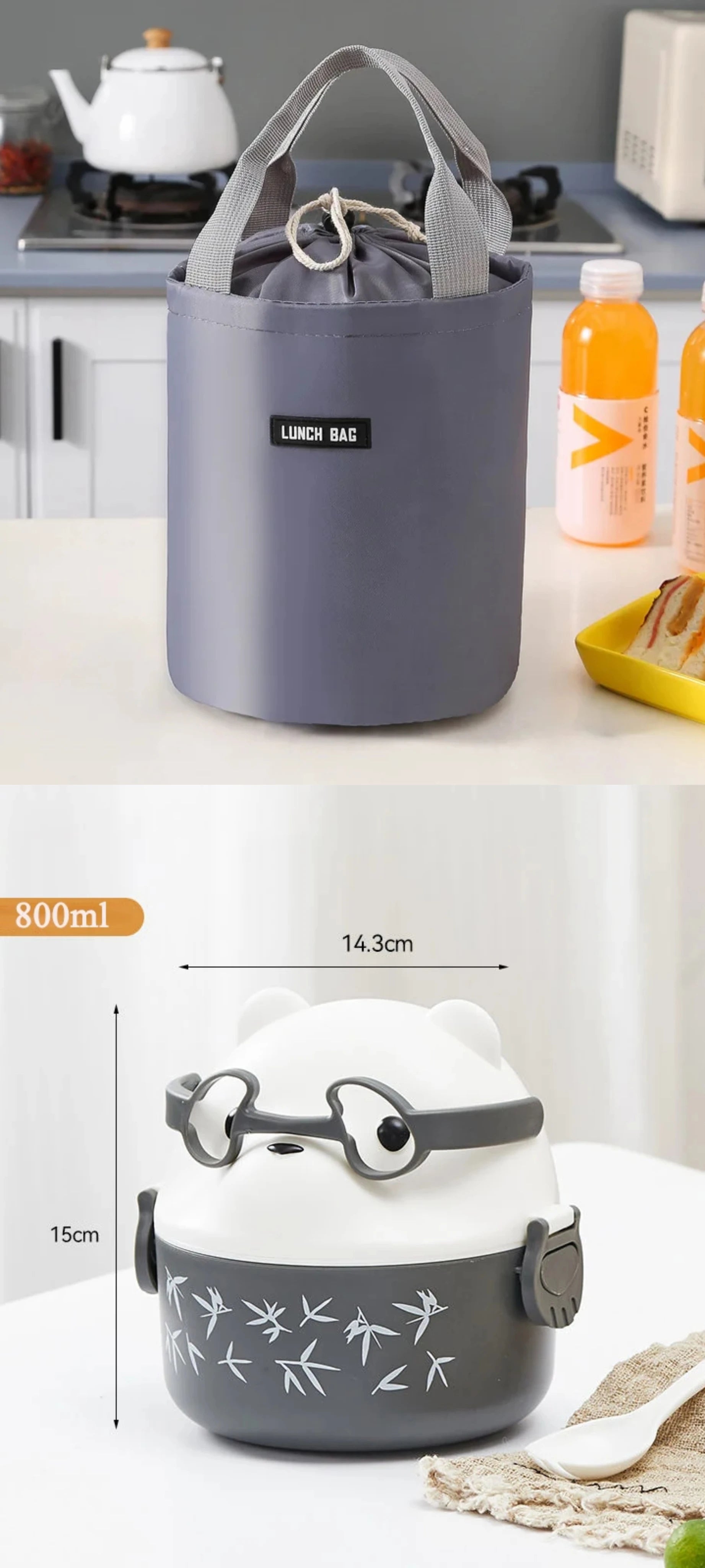 Eyeglass Bear Thermal Bento Box Stackable Bento Box Portable Cute Cartoon Children Lunch Box Double Layer Food Storage Container