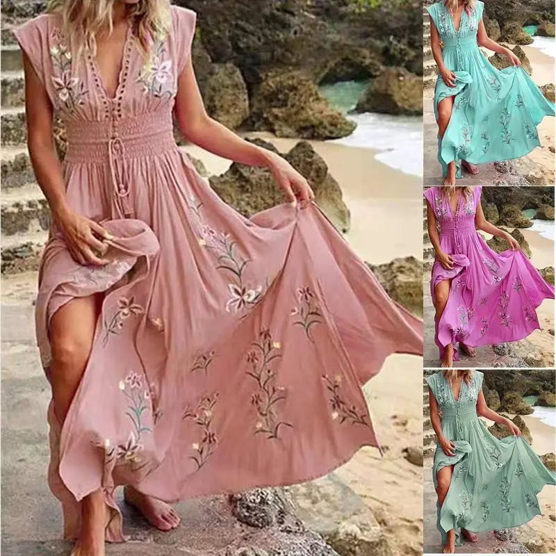 2026 Women's New Summer Fashion Women's V-neck French Beach Wave Casual Printed Dress for Women