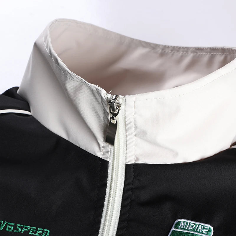 Men's Retro Racing Jacket Stand Collar Zip-Up Streetwear Oversized Colorblock Print Biker Coat Spring Autumn Fashion