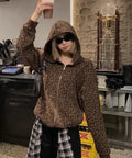 Y2K Leopard Print Hooded Jacket Women Full Zip Drawstring Hood Long Sleeve Loose Fit Streetwear Street Club Ladies Outerwear