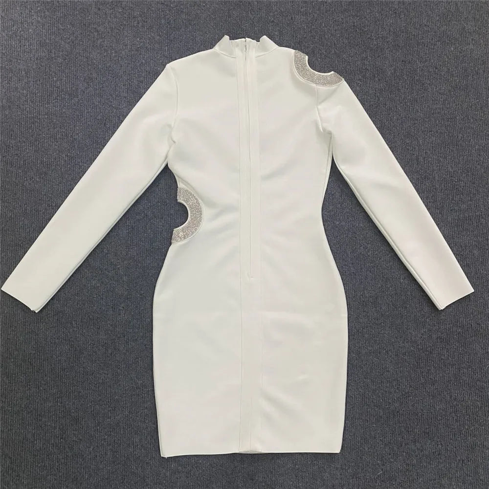 Women Sexy Hollow Out Beading Bandages Dress Long Sleeve Bodycon Clothes Club Party Celebrity Mini Dresses