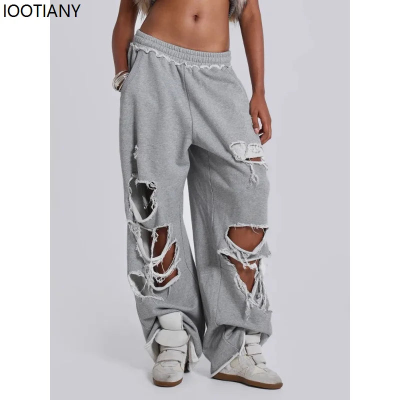 Y2k Grey Ripped Women's Jogging Wide Leg Pants American Retro Hip-hop Drape Thin Sports Pants Solid Color Loose Casual Summer