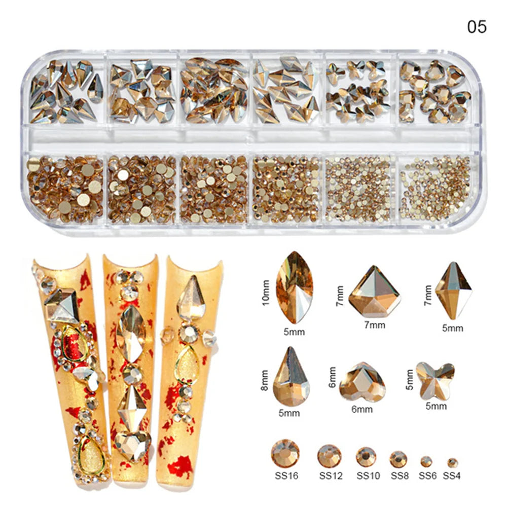 12Grids 3D Gold/Champagne Nail Art Rhinestones Mixed-Shapes Flat-Back Glass Diamonds Nails Charms Luxury DIY Manicure Decoration