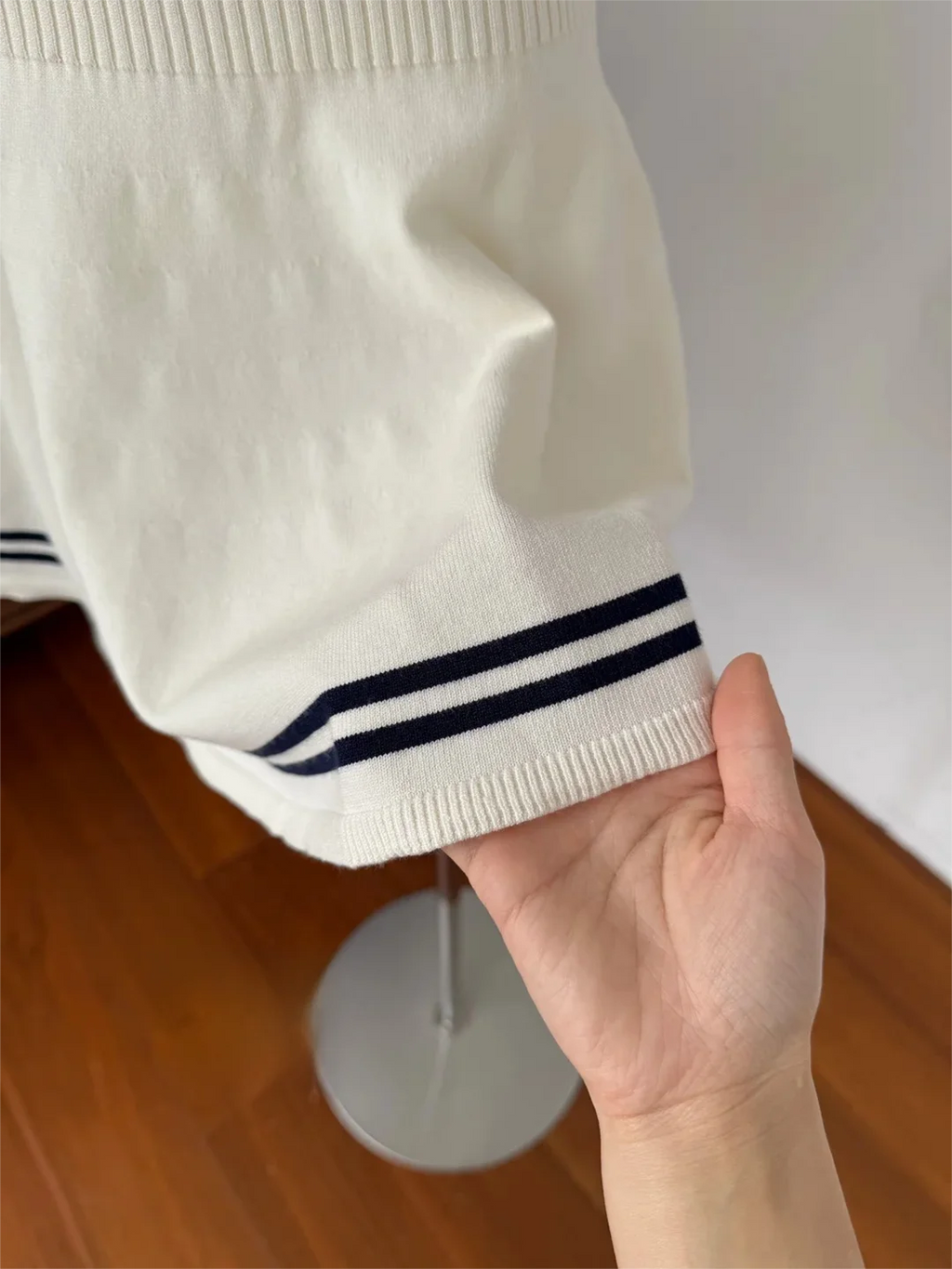 Women's White Short Sleeve Peter Pan Collar Bow Sundress Striped Hem Stretchy Ribbed Knit Mini Dress Casual Preppy Style Dress