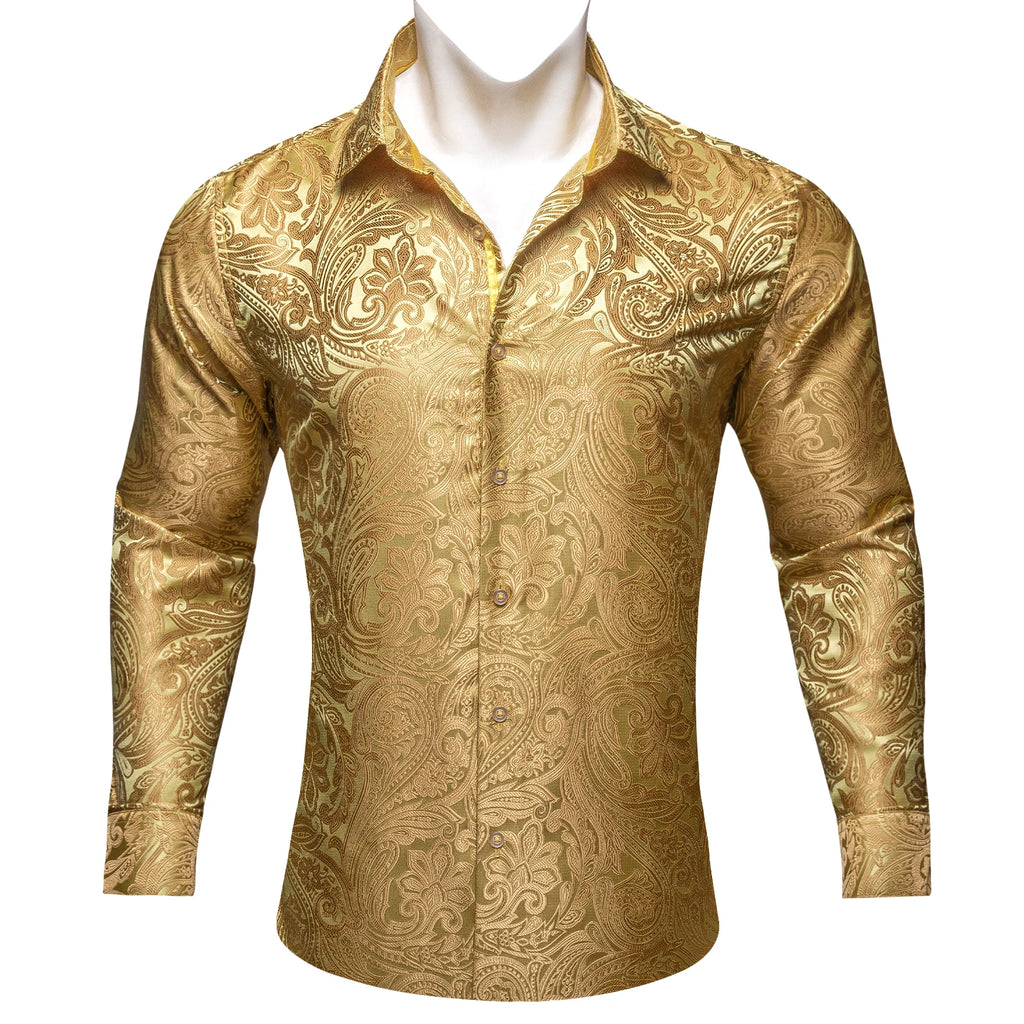 Barry.Wang Luxury Silk Mens Shirts Jacquard Floral Long Sleeve Formal Casual Breathable Male Blouses Wedding Business Prom Gift