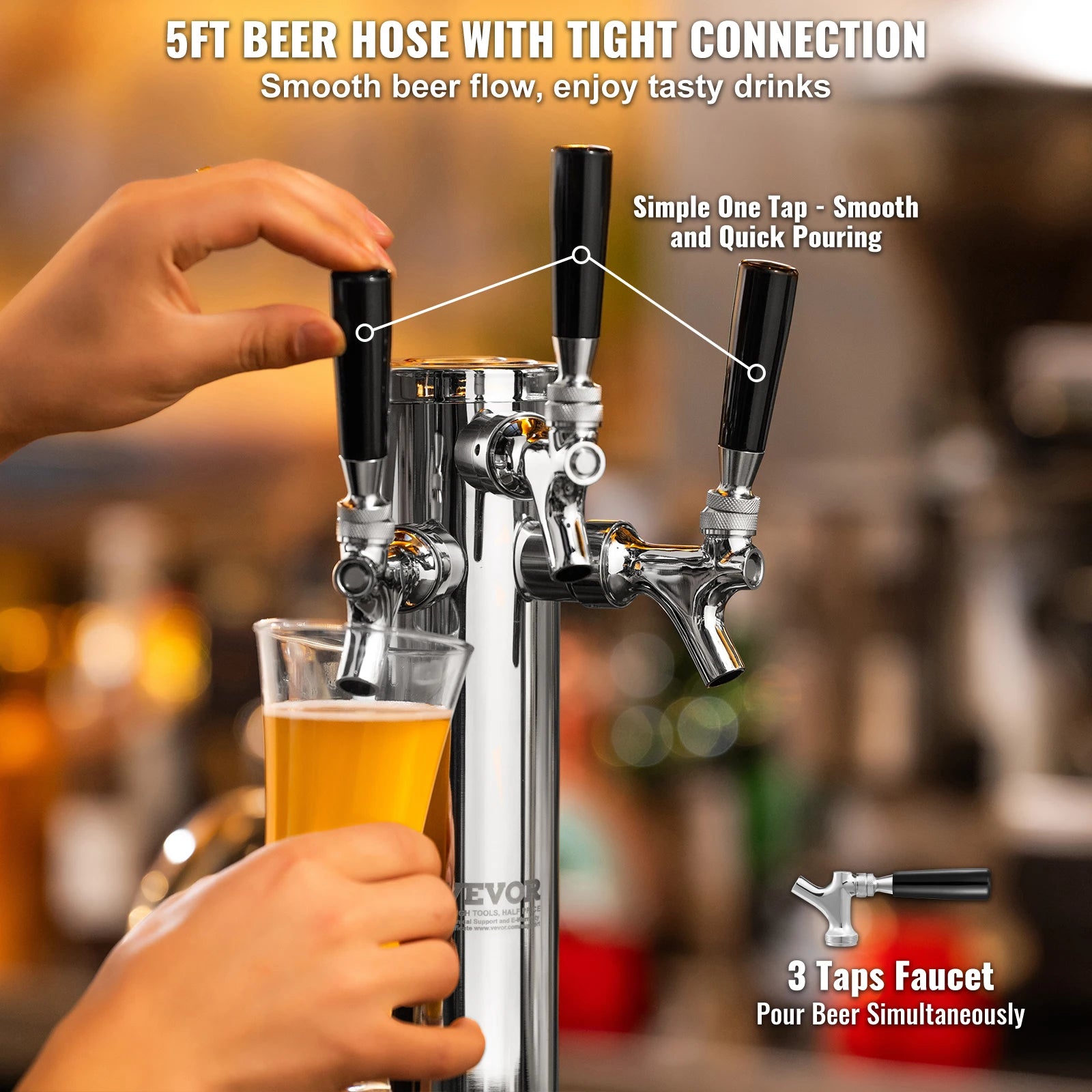 SucceBuy Triple Taps Draft Beer Tower Dispenser Stainless Steel Keg Beer Tower Kegerator Tower Kit Pre-Assembled Tubing for Bar