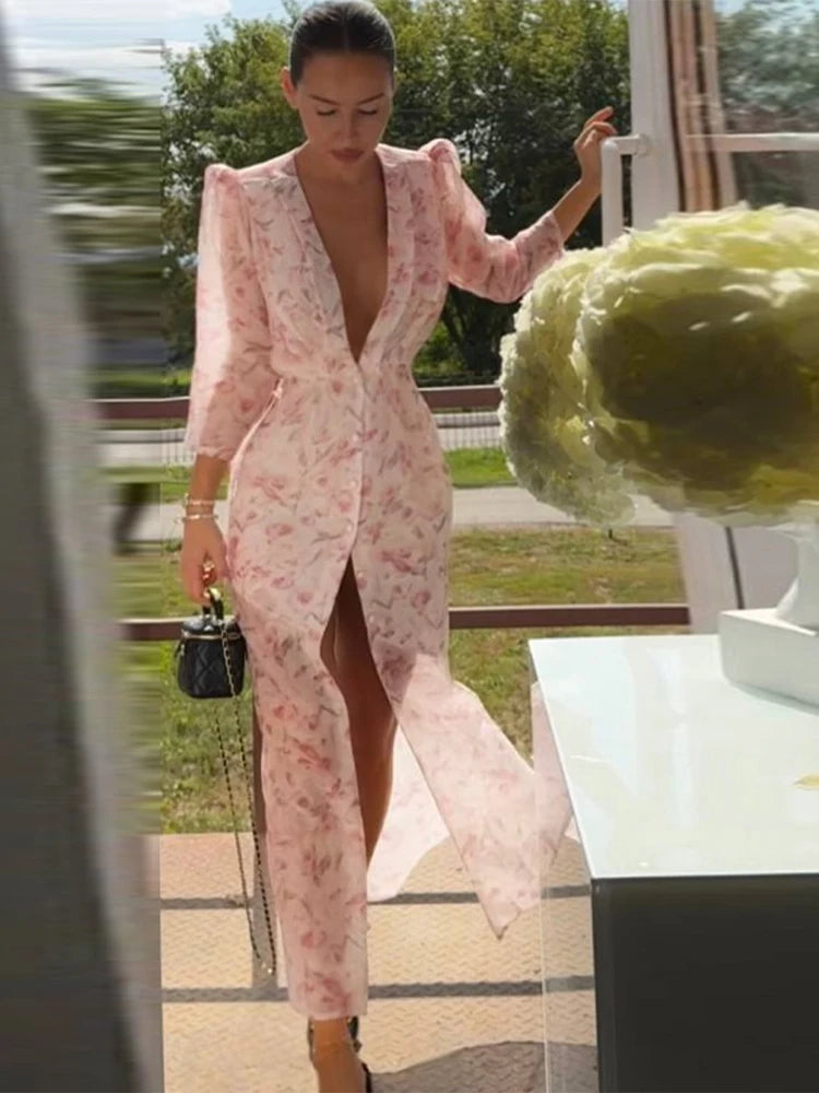 Fashion Printed Deep V Neck Women Slim Dresses Chic Long Sleeve High Waist Dress Summer New Beach Party Lady High Split Vestidos