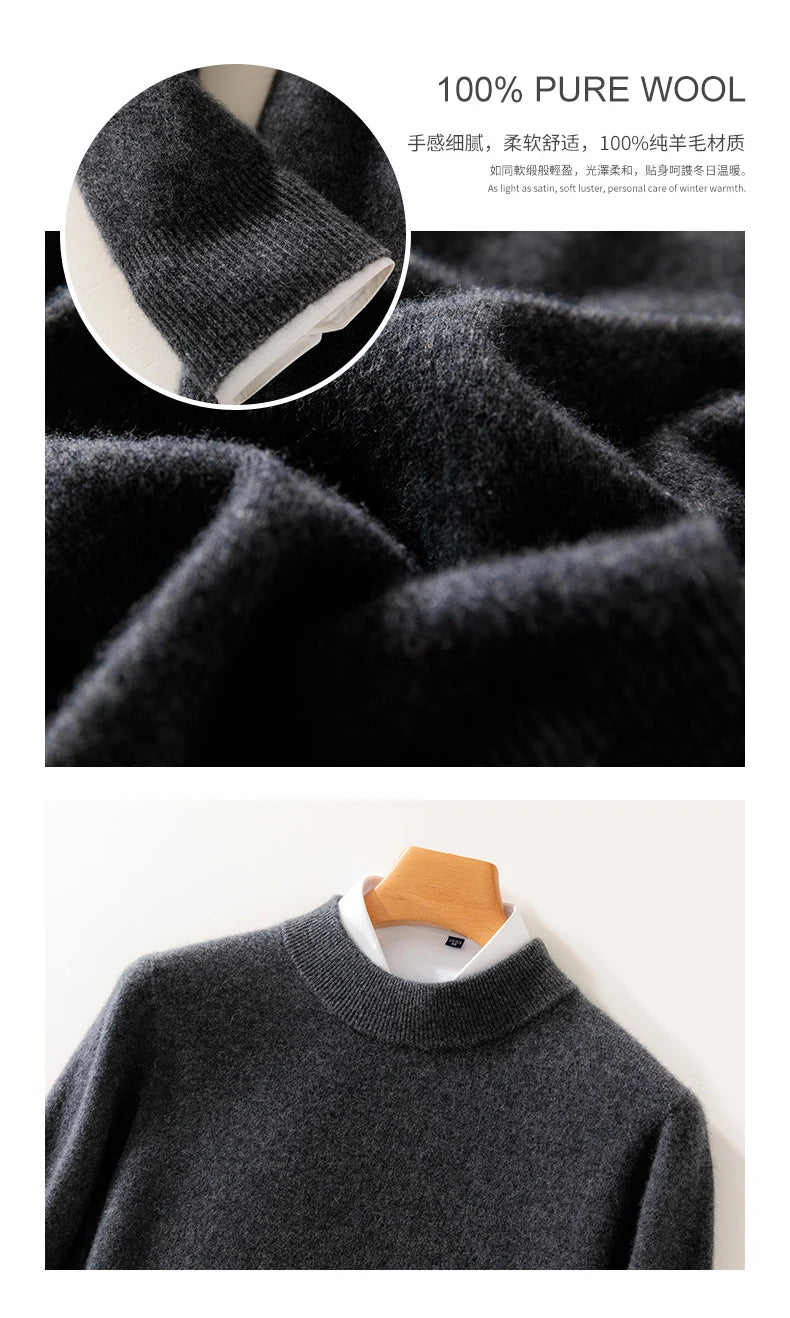 Autumn and Winter Half-high Neck 100% Pure Wool Men's Long Sleeve Leisure Sweater Knitwear