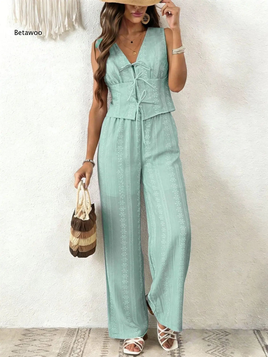 Women Multi Color Eyelet Lace 2 Piece Outfit Sleeveless V Neck Tie Front Crop Top Wide Leg Pants Summer Casual Set
