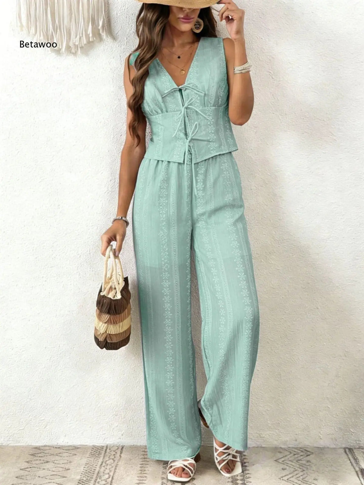 Women Multi Color Eyelet Lace 2 Piece Outfit Sleeveless V Neck Tie Front Crop Top Wide Leg Pants Summer Casual Set