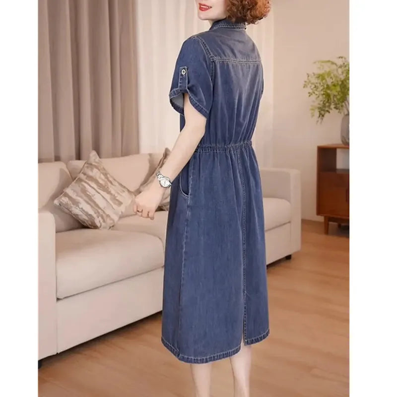 Denim Dress For women Summer 2026 New Female Single Breasted Short sleeved Slim Temperament Casual Dresses With pockets