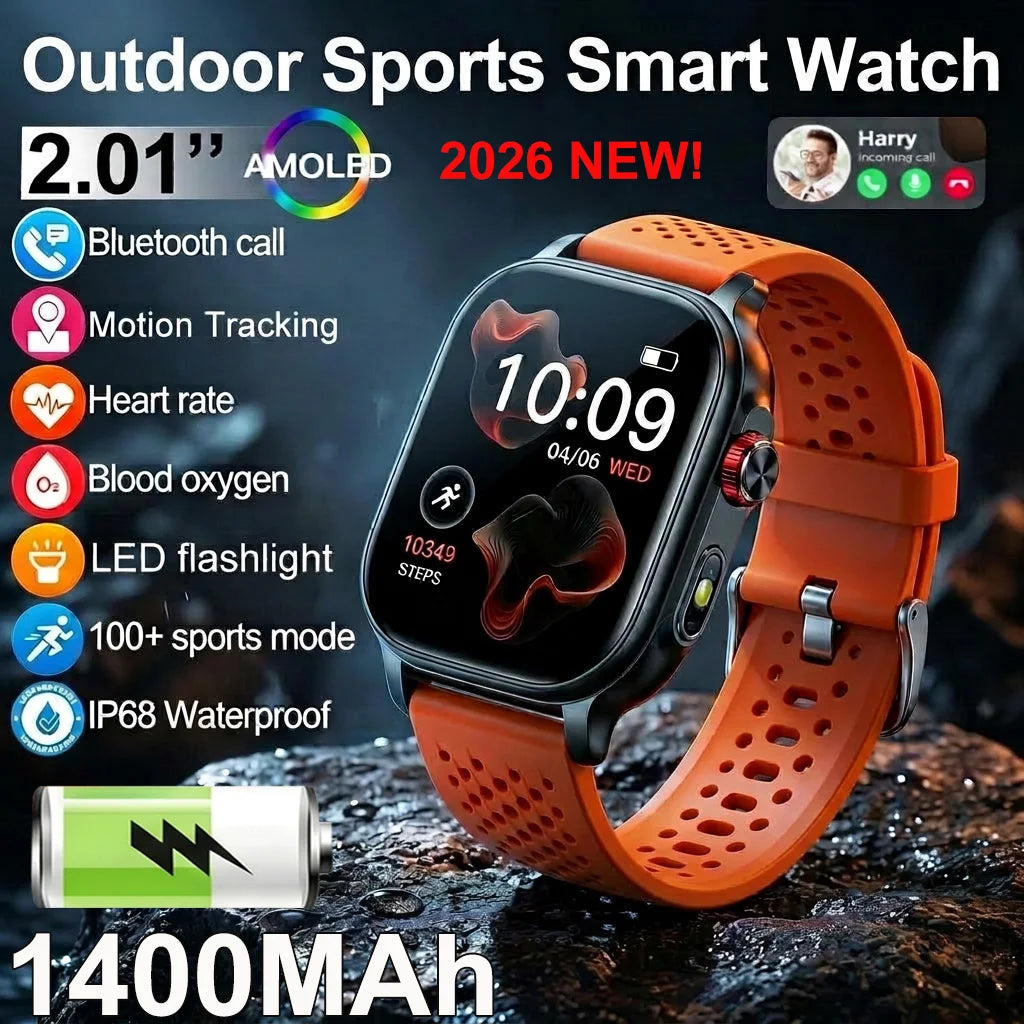 New1400mAh Military Grade Smart Watch 600 hours Battery Life 5ATM Waterproof BT Call Alert LED Flashlight 100+Sports Watches Men
