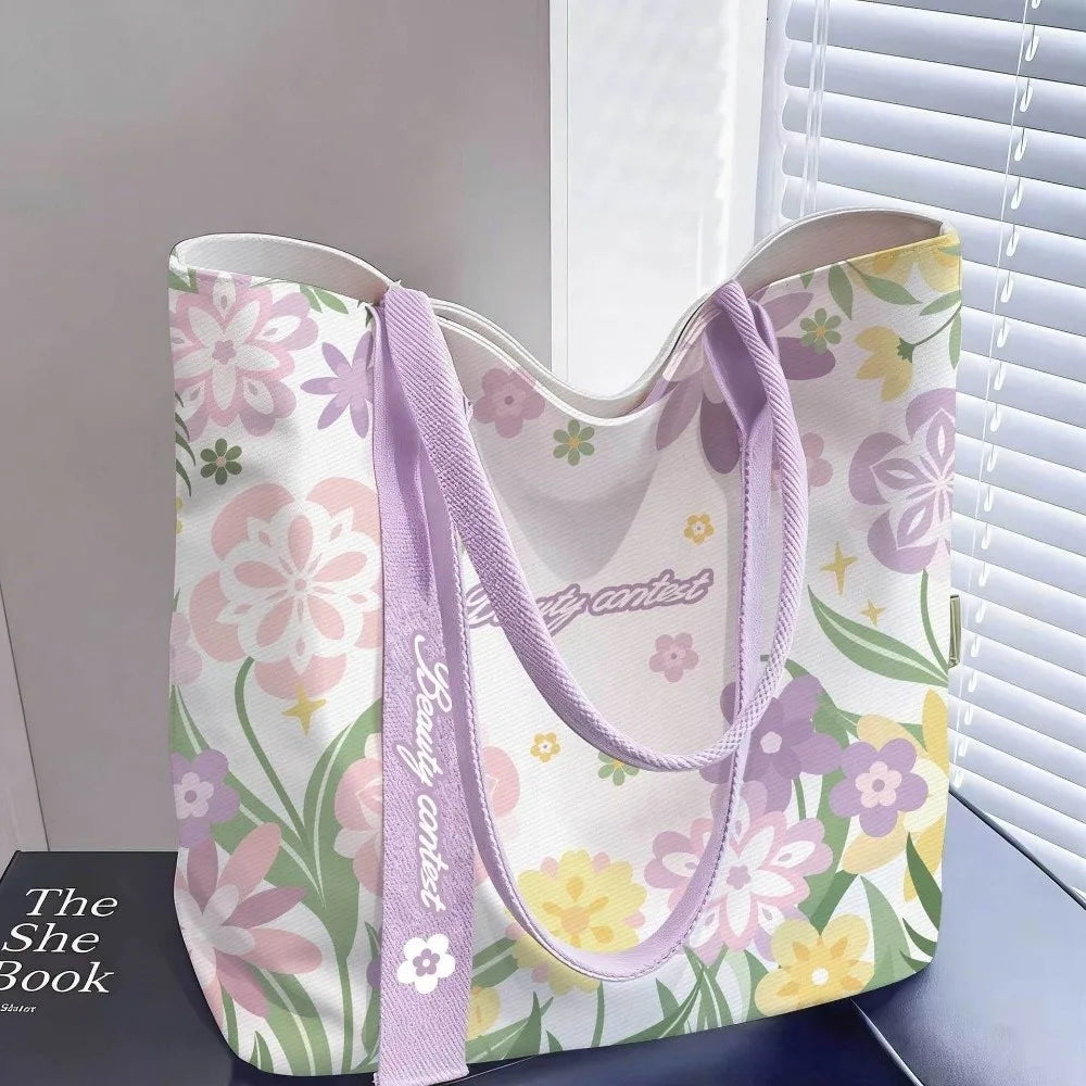Portable Floral Canvas Tote Bag Large Capacity Reusable Commute Handbag Lightweight Shopping Bag For Work