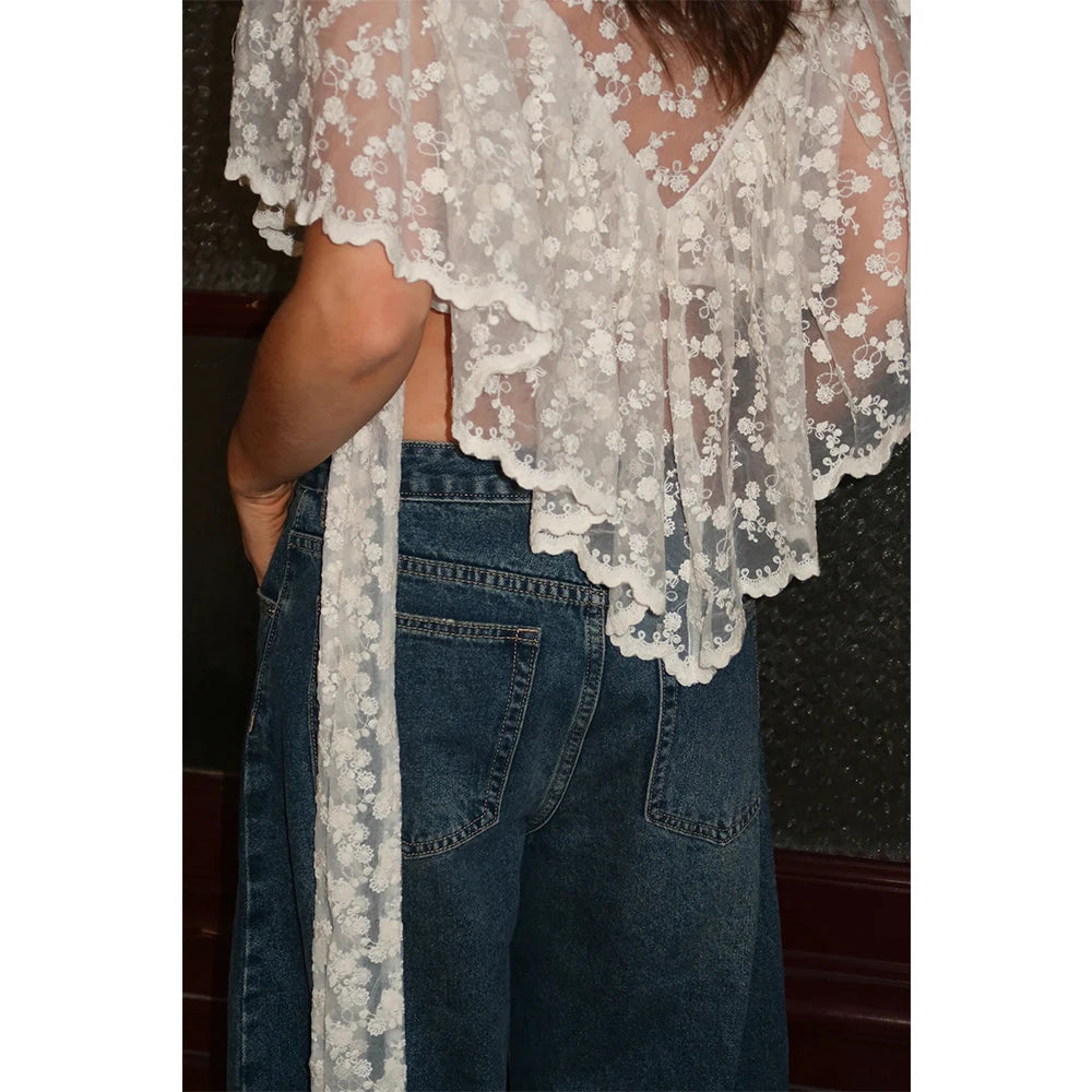 Women Summer Kawaii Grunge Lace Floral Embroidery T-Shirts Coquette Sexy Sheer Irregular Ruffles Flutter Sleeve Loose Shirts Top