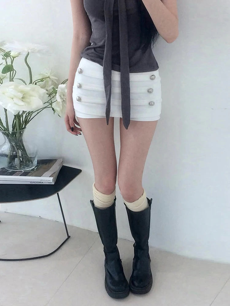 Nibber High Elasticity Hottie Double-Breasted Decoration Short Women Folds Elastic Waist Midnight 2026 Summer Fashion Streetwear