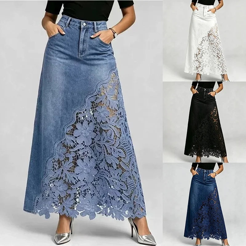Women Denim Maxi Skirt High Waist Washed Lace Splicing Casual Streetwear Floral Hollow Pocket Summer 2026 New