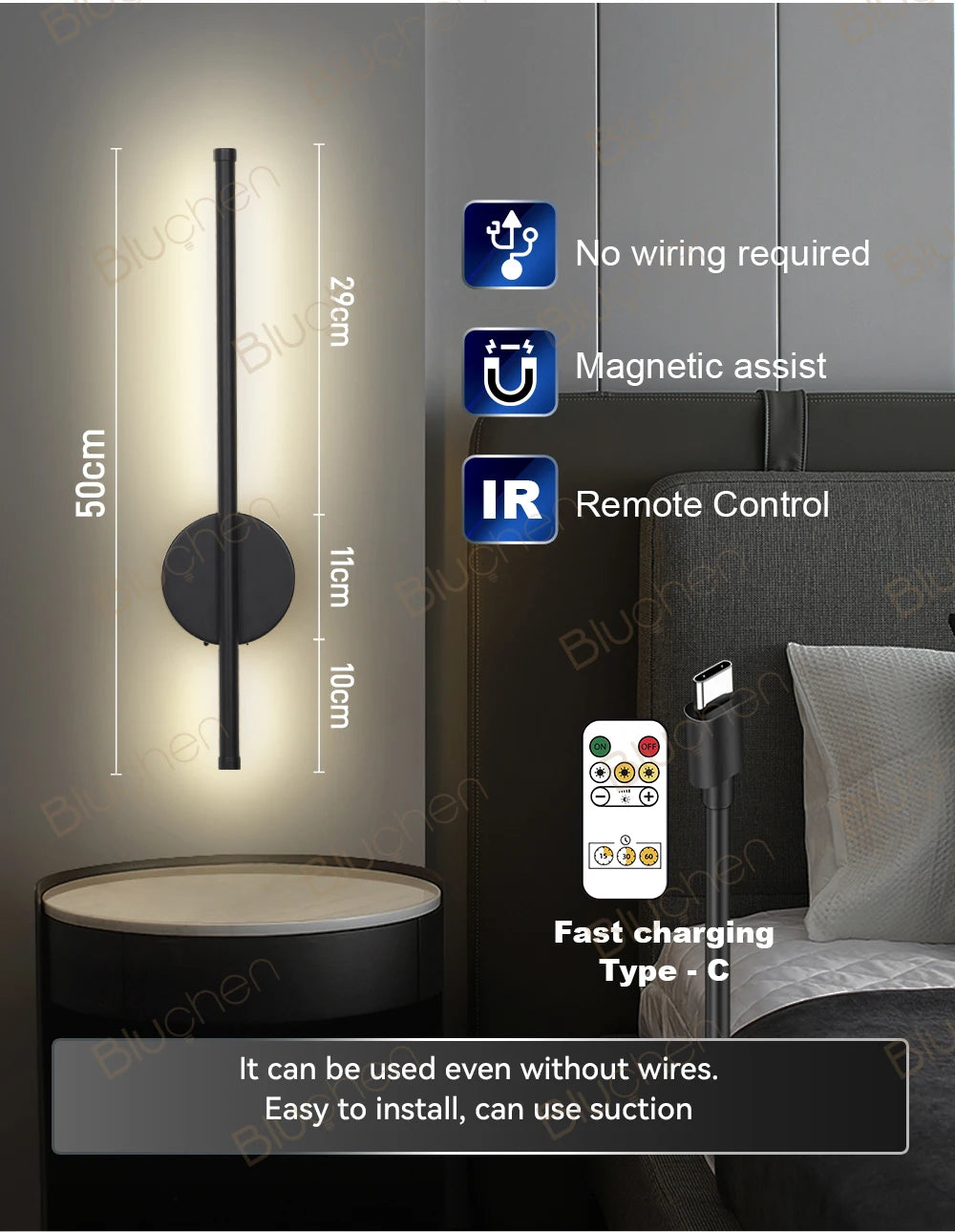 Wireless Wall Lamp Sconce Rechargeable USB-C 4400mAh battery Remote Control Dimmable LED Wall Lamp For Bedroom Living Room