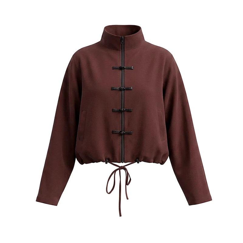 Coffee Tang Suit Two Piece Set Mandarin Collar Frog Button Top Wide Leg Cropped Pants Sets Lady Chic Retro Oriental Daily Wear