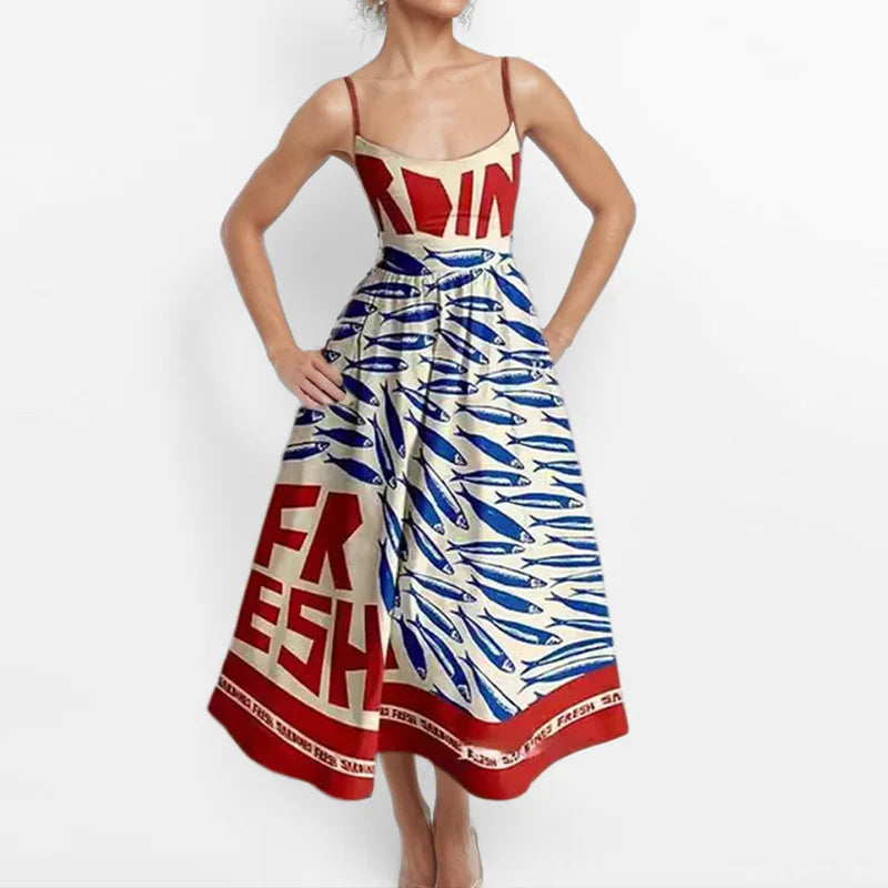 Summer U-neck Casual Female Vintage Elegant Spaghetti Strap Dress Women Elegant Solid Sleeveless A-line Midi Women's Dresses