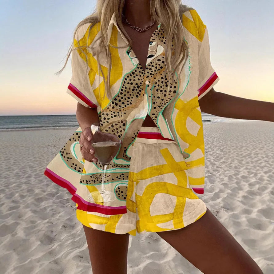 Fashion Print Beach Holiday 2-Piece Set Women Summer Short Sleeve Shirt Top + Wide Legs Short Women's Oversized Two-Piece Outfit