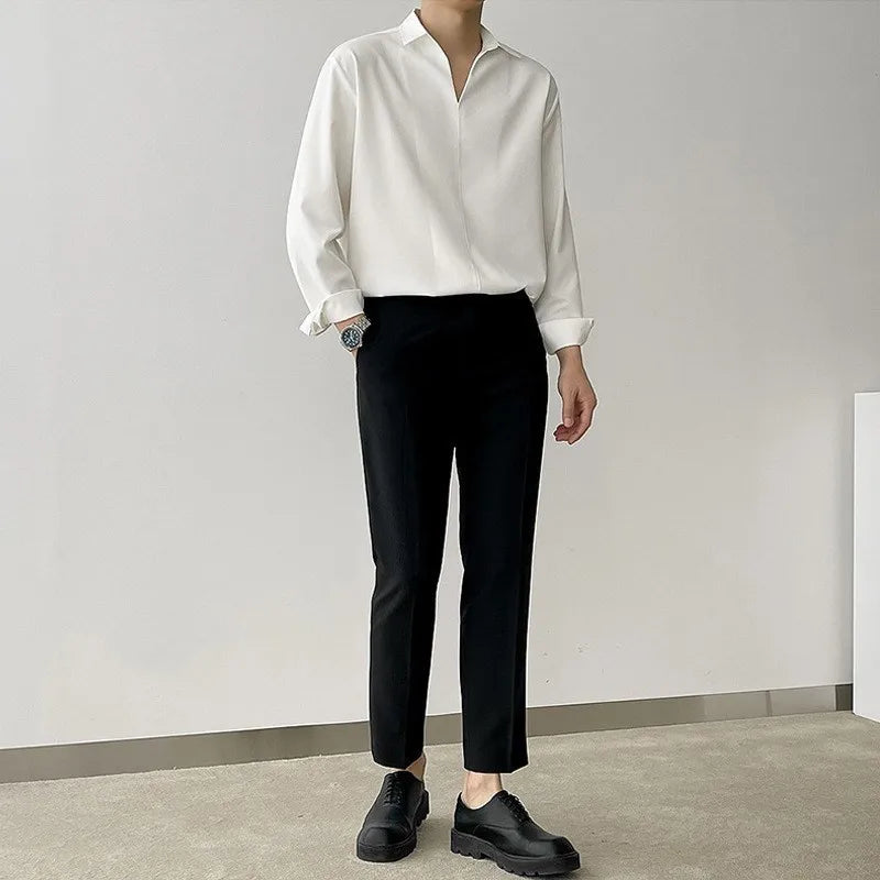 New Korean V Neck Men Shirts Luxury Casual Drooping Style Slim Solid Color Long Sleeve Pullover Blouse High Quality Autumn Tops