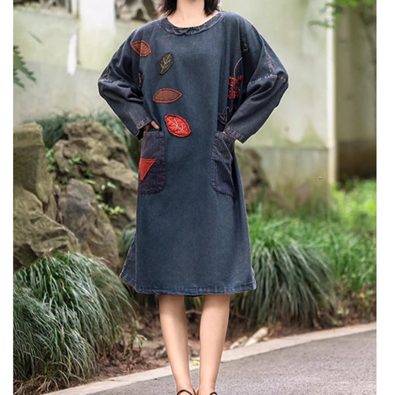 Masss Wasss 2025 Fall Females Classic Vintage Embroidery Oversized Denim Dresses Womens Fashion Loose Vestidos Leisure Clothes