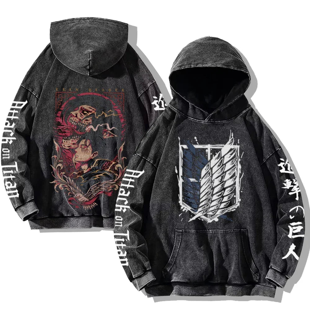 Vintage Washed Men's Hoodies Shield Print Hooded Sweatshirt Hip Hop Streetwear Y2K Hooded Pullover Y2K Loose Casual Tops