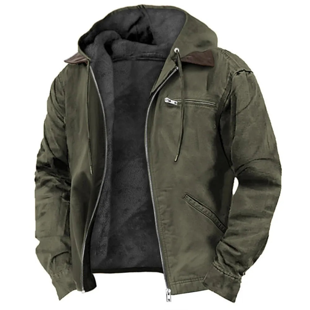 European and American Men's Autumn and Winter Casual Hooded Zipper and Fleece Warm Jacket With Multiple Pockets Outdoor Jacket