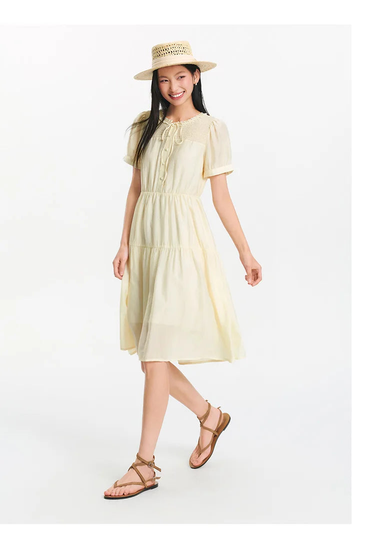 Semir Women Dress Puff Sleeve Lace Crew Neck Textured Midi French Elegant 2026 Summer Romantic Soft Comfy Daily Top
