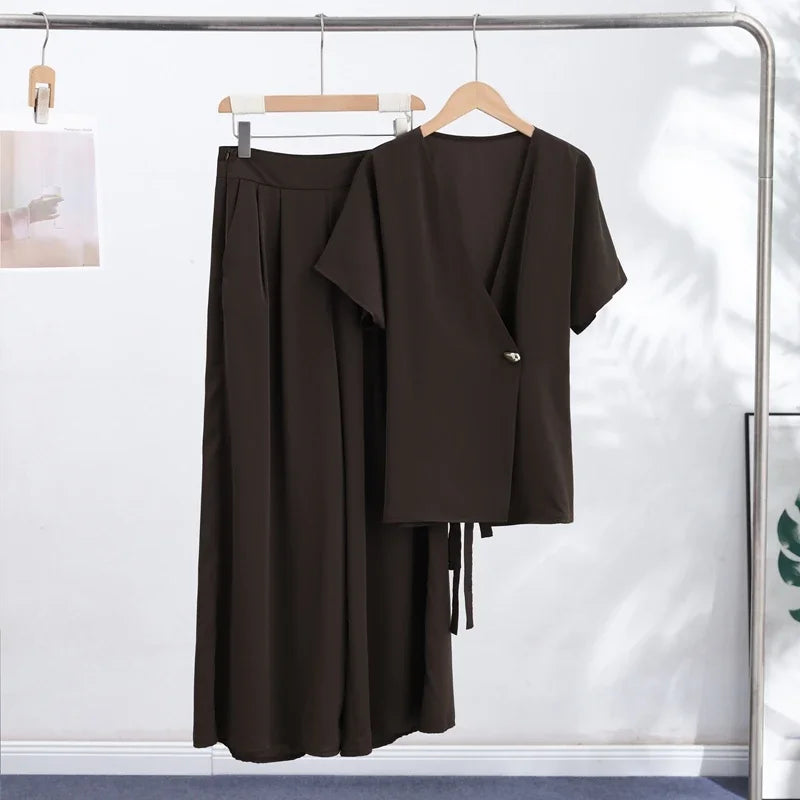 Elegant Button Top Pants Set Women Slim V-neck Short Sleeve One Button Tops High Waist Wide Leg Pant Two Piece Sets 2026 Summer