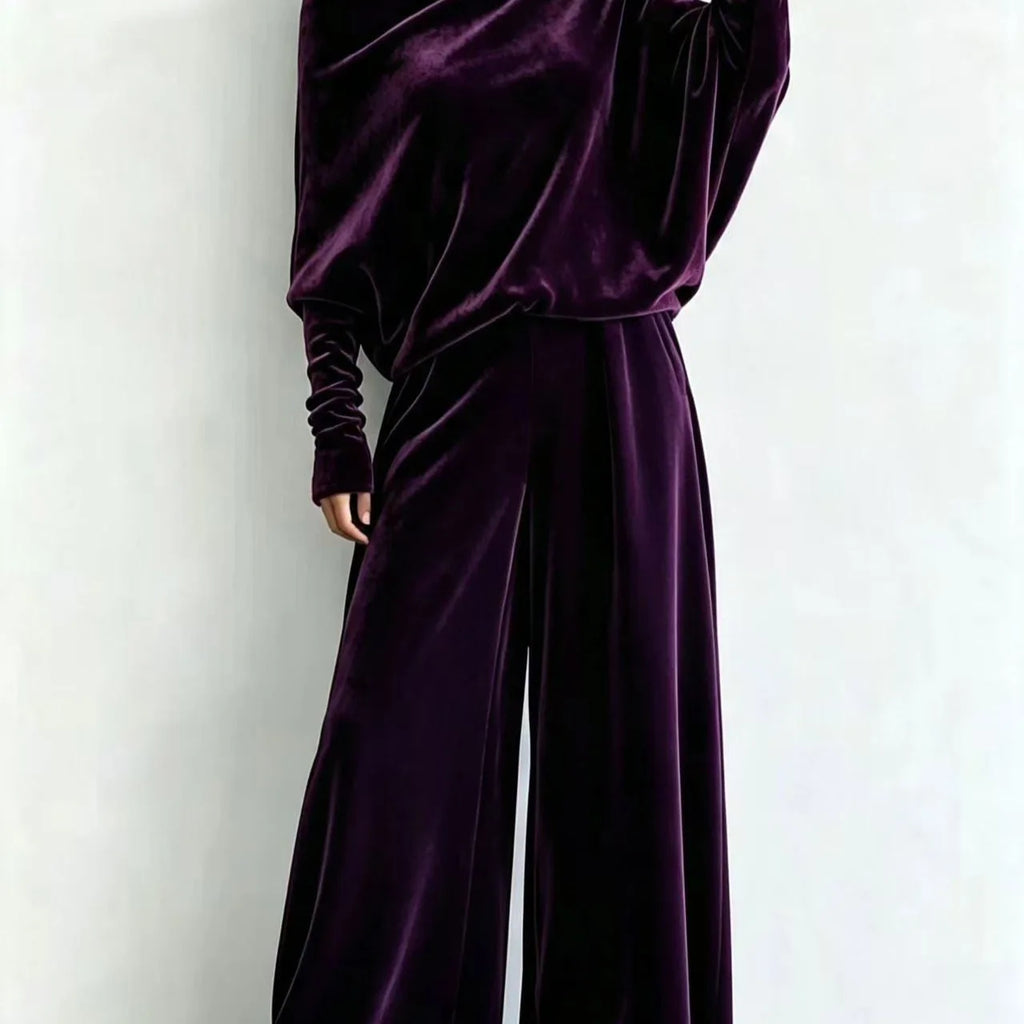 Women's Suit Two Piece Pants Set One Shoulder Batwing Sleeve Velvet Wide Leg Trousers Loose Fit Autumn Winter Tracksuit